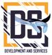 Logo con manta e testo "Development and Services", cornice arancione e decorazioni geometriche.