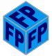 Blauer Würfel mit den Buchstaben "FP" auf jeder Seite in dunkelblauen Großbuchstaben.