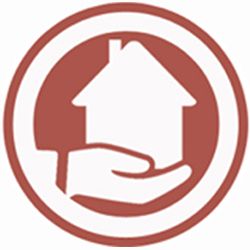 Symbol einer Hand, die ein Haus hält, in einem Kreis auf rotem Hintergrund.