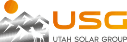 Mountains, sun, and wolf silhouette. Text: "USG Utah Solar Group" in orange and black.