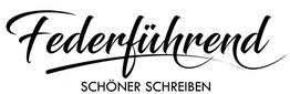 Der Text "Federführend - Schöner Schreiben" in elegantem Schriftstil auf weißem Hintergrund.