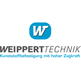 WeippertTechnik Logo mit Slogan: "Kunststoffbefestigung mit hoher Zugkraft" und Symbol "WT".