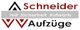 Logo: "Schneider Aufzüge" mit Text "mit Sicherheit Aufwärts" und stilisiertem Aufzugssymbol.