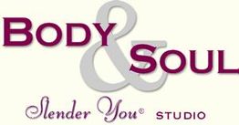 Logo mit Text „Body & Soul, Slender You Studio“ in verschiedenen Schriftarten und Farben.