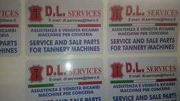 Etichette per assistenza e vendita ricambi macchine per conceria con email di contatto.