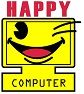 Lächelnder gelber Computermonitor mit dem Schriftzug "Happy Computer" oben und unten.