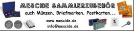 Banner mit "Mescide Sammlerzubehör" und Bildern von Alben, Münzen, und Kontaktinformationen.