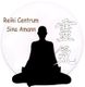 Silhouette einer meditierenden Person, Text: "Reiki Centrum Sina Amann", mit japanischen Zeichen.