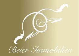 Abstraktes florales Logo auf beigem Hintergrund, Text: "Beier Immobilien".