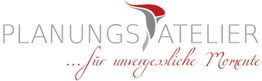 Logo mit Text "PLANUNGSATELIER ...für unvergessliche Momente", stilisiert in Grau und Rot.