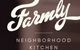 "Farmly Neighborhood Kitchen" text in elegant font on a blurred background.