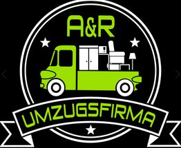 Logo mit grünem Umzugswagen und Schriftzug: "A&R UMZUGSFIRMA" auf schwarzem Hintergrund.