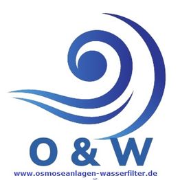 Blaues Logo mit Wellenmotiv, Schriftzug: "O & W", URL: "www.osmoseanlagen-wasserfilter.de".