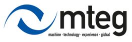 Logo mit blauem Symbol und Text "mteg", darunter "machine • technology • experience • global".