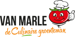 Logo van Van Marle met lachende tomaat met koksmuts en tekst "de Culinaire groenteman".