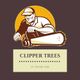 Logo of a person with a chainsaw, titled "Clipper Trees of Orland Park," on a brown background.
