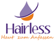 Logo mit Slogan "Hairless - Haut zum Anfassen", lila Tropfen und orangener Halbkreis.