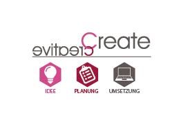 Logo mit Text "creative create". Symbole: Glühbirne (Idee), Klemmbrett (Planung), Laptop (Umsetzung).