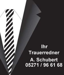 Grafik eines Anzugs mit Krawatte, daneben Text: "Ihr Trauerredner A. Schubert 05271 / 96 61 68".