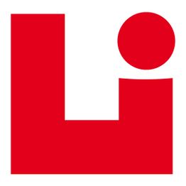 Rotes geometrisches Logo mit einem Quadrat und einem Kreis auf weißem Hintergrund.