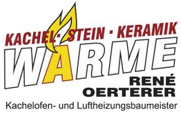 Logo mit Text: "KACHEL STEIN KERAMIK WÄRME", Flamme im "A". René Oerterer, Ofen- und Heizungsbaumeister.
