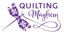 Quilting Mayhem logo with a purple patchwork dragonfly.