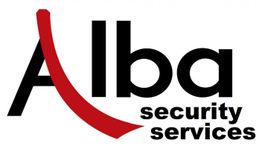 Alba Security Services Logo mit geschwungenem roten Element am Buchstaben A.