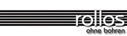Schwarz-weiße Grafik mit dem Text "rollos ohne bohren" und horizontalen Streifen.