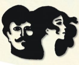 Schwarz-weiße Silhouette eines Mannes mit Schnurrbart und einer Frau mit welligem Haar im Profil.