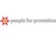 Logo mit roten Pfeilen und einem gelben Kreis, daneben der Schriftzug „people for promotion“.