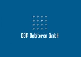 Logo der DSP Debitoren GmbH mit Kreuzmustern auf blauem Hintergrund.