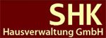 Logo von SHK Hausverwaltung GmbH auf rotem Hintergrund, gelbe Schrift.