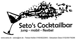 Cocktailglas mit Text: "Seto's Cocktailbar - jung, mobil, flexibel". Kontaktdaten darunter.