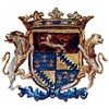 Stemma araldico con leoni, scudo blu e oro, e corona sulla parte superiore.