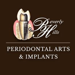 Tooth implant logo with "Beverly Hills Periodontal Arts & Implants" text on a dark background.