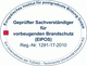 Gütesiegel mit Aufschrift "Geprüfter Sachverständiger für Brandschutz (EIPOS)", Reg.-Nr. 1291-17-2010.