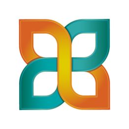 Buntes, verschlungenes Logo in Orange und Blau mit abgerundeten Formen.