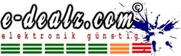 Website-Logo mit dem Text "e-dealz.com" und "elektronik günstig", daneben ein blauer Farbfleck.