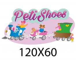 Ilustración de un tren con niños y un perro, con el texto "Peti Shoes" encima.