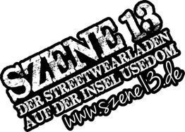 "Schwarz-weißes Logo mit dem Text: 'Szene 13, Streetwearladen auf der Insel Usedom, szenel3.de'"