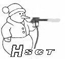 Schneemann mit Mütze hält Schlauch. Text: Hsct.