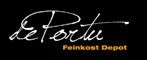 Schwarzes Logo mit weißem "dePortu" und orangefarbenem "Feinkost Depot" Text.