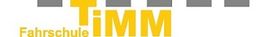 Logo mit Schriftzug "Fahrschule TiMM" in Gelb und Grau.