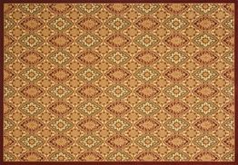 Ornate patterned carpet with intricate floral and geometric designs in red, beige, and green.