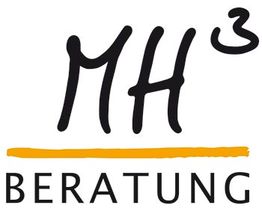 Logo mit schwarzem „MH³“ und „BERATUNG“, gelbe Linie darunter.