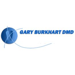 Logo of Gary Burkhart DMD; blue circle with dental symbol and text.
