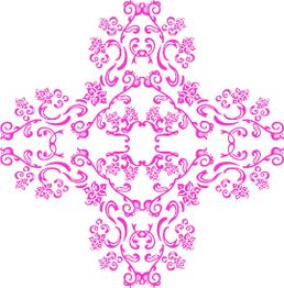 Diseño ornamental simétrico en color rosa con filigranas detalladas y patrones florales.