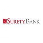 Surety Bank logo with red and gray text and a red icon on a white background.