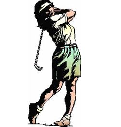 Frau beim Golfschwung, trägt Hut und Sportkleidung, hinten eine schwingende Golfschlägerkordel.