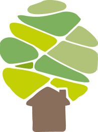 Stilisiertes Bild: Baum aus grünen Formen, darunter ein braunes Haus.